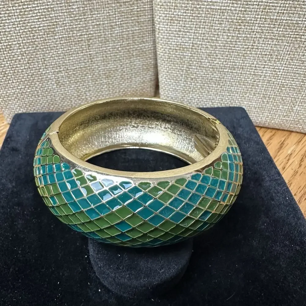 Sequin Nordstrom Green Gold Tone Statement Enamel Bangle Claw Bracelet Bold #78